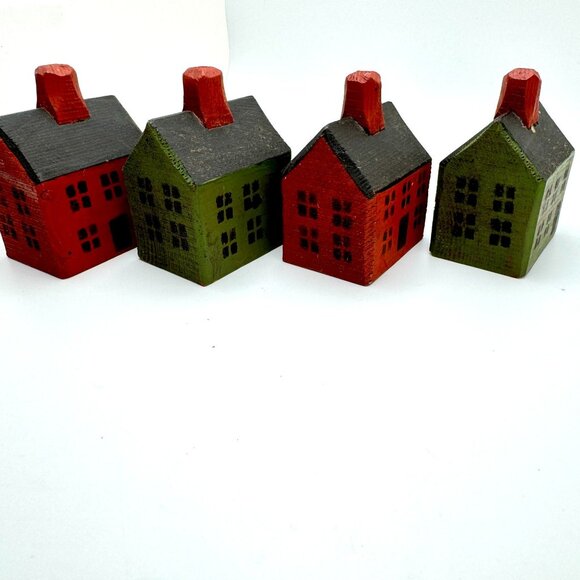 Primitive NOEL Wood House Blocks Holiday Decor Set Of 4 Vintage Red Green Gift - Picture 6 of 6